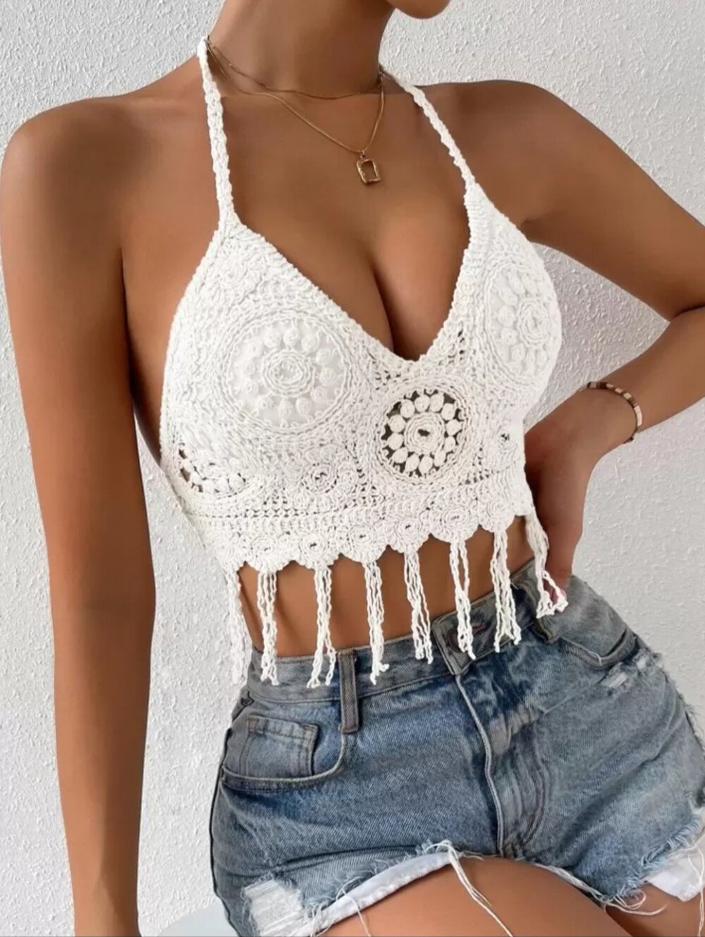 Cream Crochet Boho Fringed Padded Lined Tie-up Halter Crop Tankini Sz Sm